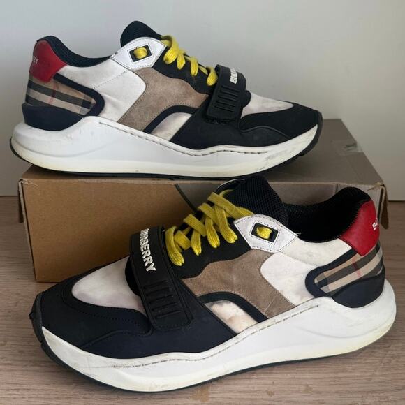 BURBERRY RAMSEY Beige Suede Check White Red Leather Sneakers - SZ 43/US 10 - Picture 1 of 16